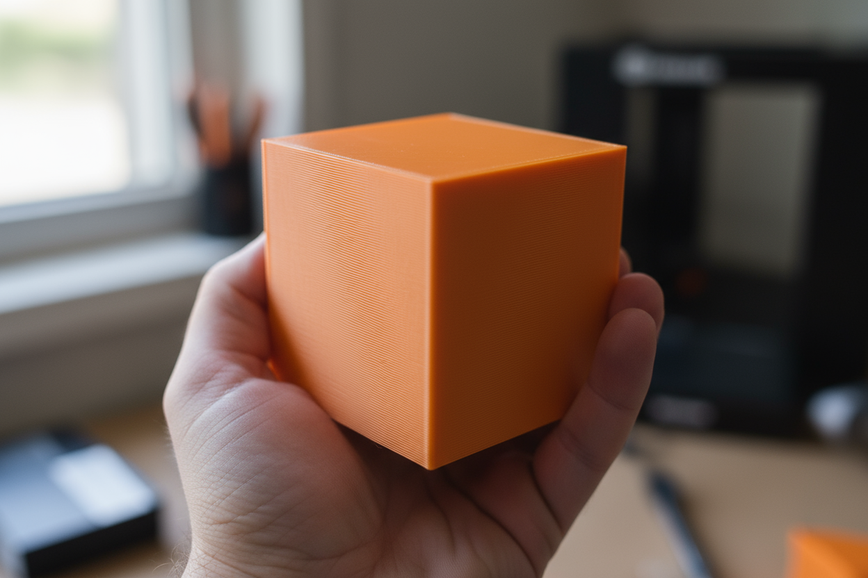 a 3d printed orange cube the size of a hand with someone holding it as comparision